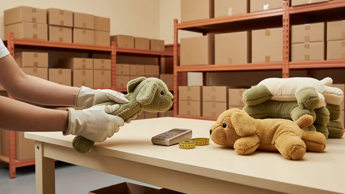 Werks-QC-Zugprüfung an einer Plüsch-Hundespielzeugnaht neben einem freigegebenen Golden Sample