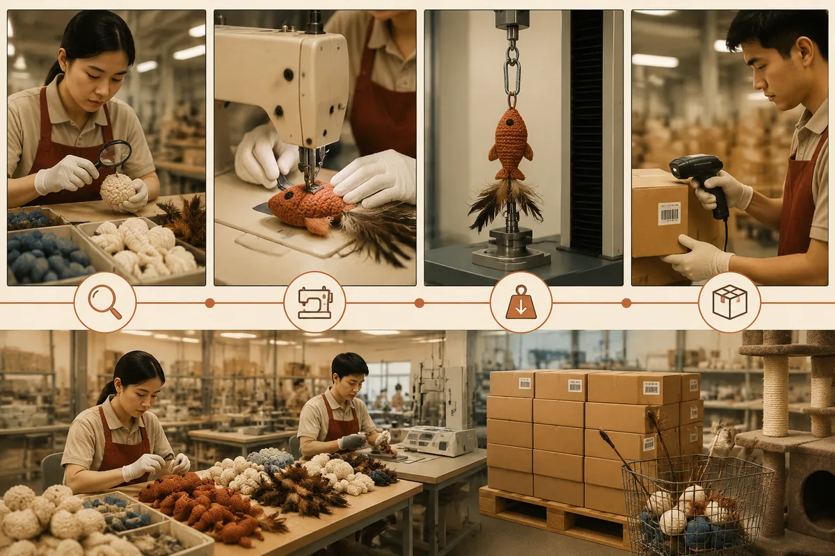 QC-Ablauf in der Fabrik für Katzen-Spielzeug im Großhandel: Materialprüfung, Nahtkontrolle, Zugtest und Packkontrolle