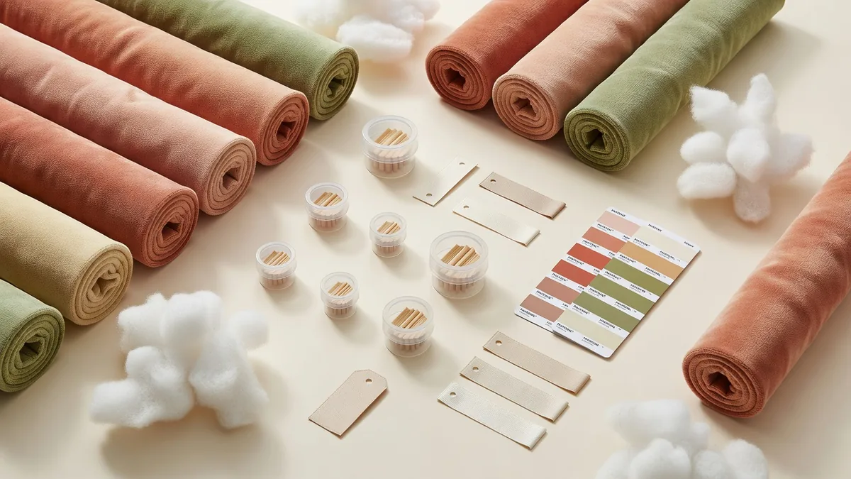 Material-Flatlay für Quietschspielzeug in Großmengen: Plüschstoff, Faserfüllung, Kunststoff-Zungenquietscher, Webetiketten, Hangtags und Farbkarten