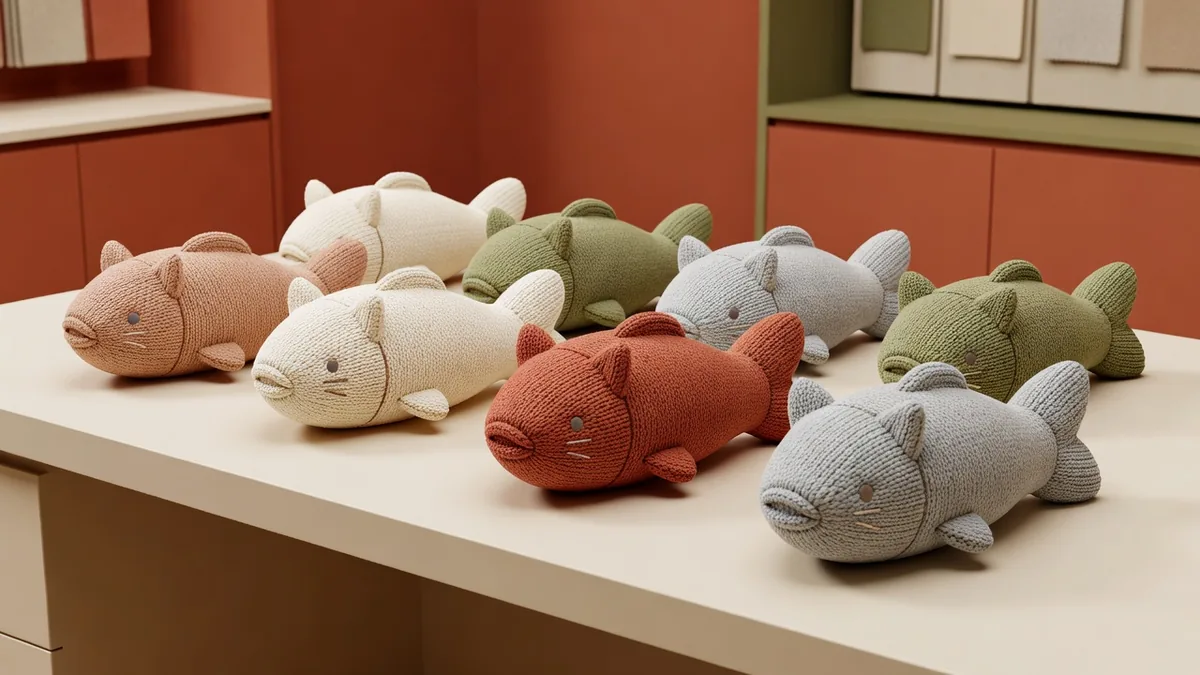 Sortiment gestrickter Katzen-Fischkissen-Plüschtiere in Creme, Terrakotta, Oliv und Grau auf einem warmen cremefarbenen Bemusterungstisch für Großhandelseinkäufer