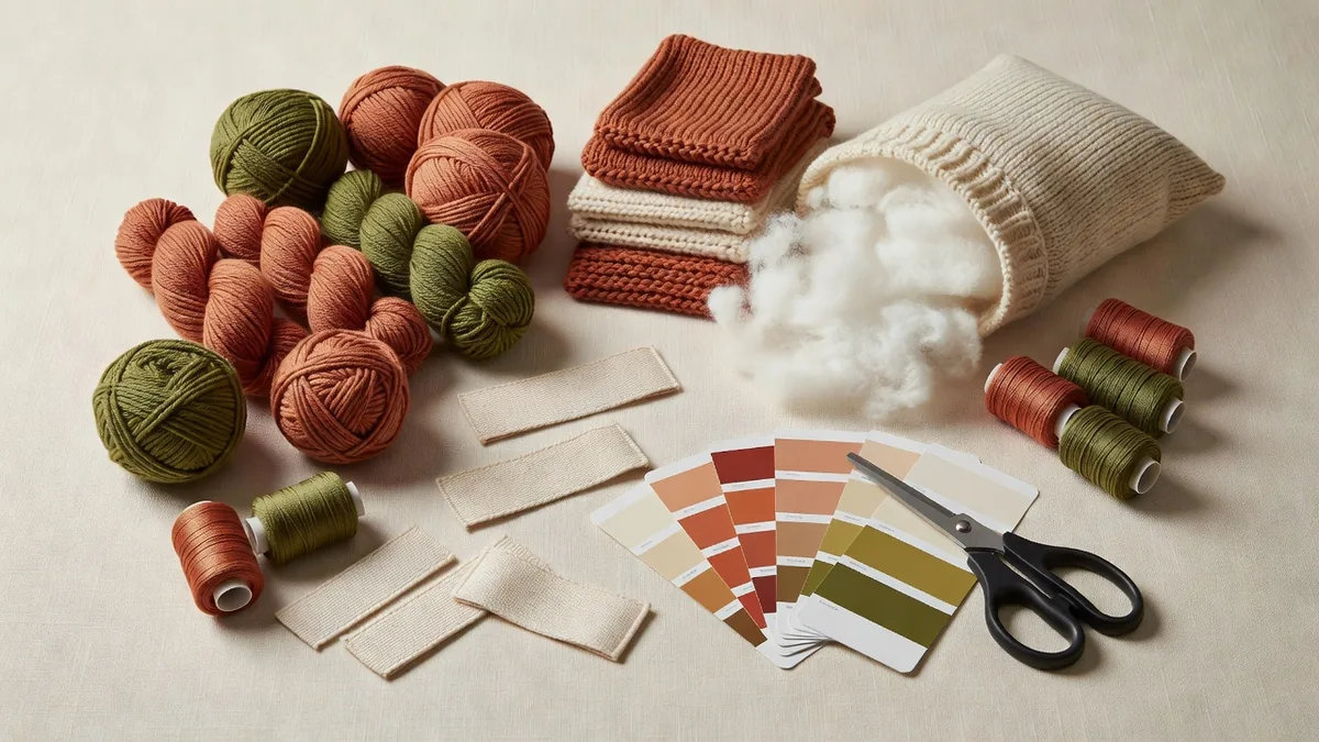 Garnstränge, Strickmuster, Faserfüllung, Stickgarn, Webetiketten und Farbkarten für die Produktion gestrickter Katzen-Fischkissen-Plüschtiere