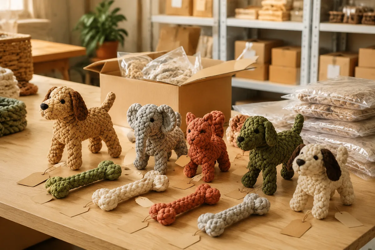 Bemusterung und MOQ-Vergleich von Baumwollseil-Tier-Hundespielzeug mit Farbvarianten und Hangtags auf dem Fabrik-Packtisch