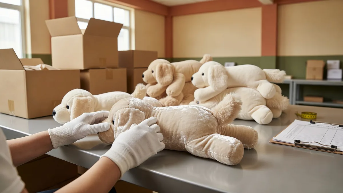 QC-Station prüft Nähte, Florrichtung, Füllgewicht und Private-Label-Verpackung von Crystal-Velvet-Plüsch-Hundespielzeug vor Exportkartons