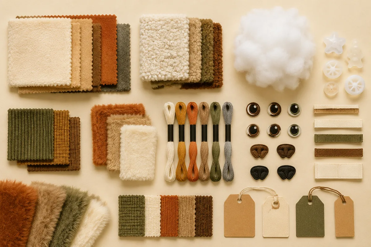 Material-Flatlay für individuelle Plüsch-Haustierspielzeuge im OEM: Kurzflor, Sherpa, Faserfüllung, Stickmuster, Webetiketten und Quietscher-Optionen
