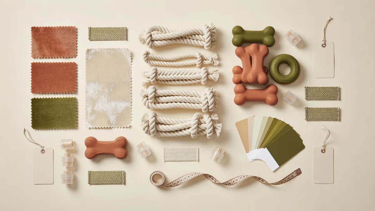 Material-Flatlay für RFQs an Hunde-Spielzeug-Distributoren: Plüschstoff, Seil, TPR-Muster, Hangtags, Farbkarten