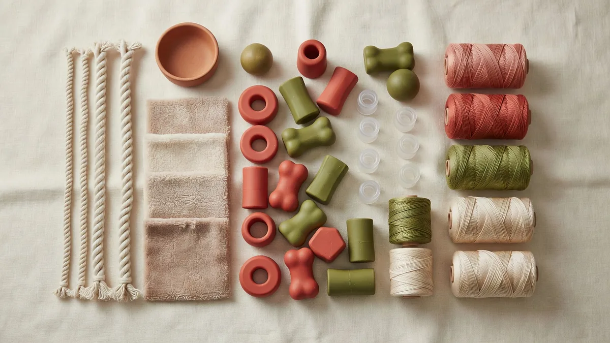 Material-Flatlay für die Hundespielzeug-Prüfung: Plüschstoff, Baumwollseil, TPR-Kauteile und Quietscher-Einsätze
