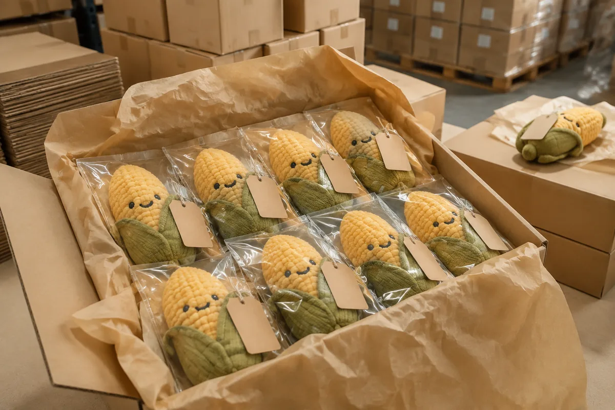 Export-Karton-Packout von Plüsch-Hundespielzeug aus Öko-Maisfaser mit Polybeuteln und Umkartons für den Großhandelsversand