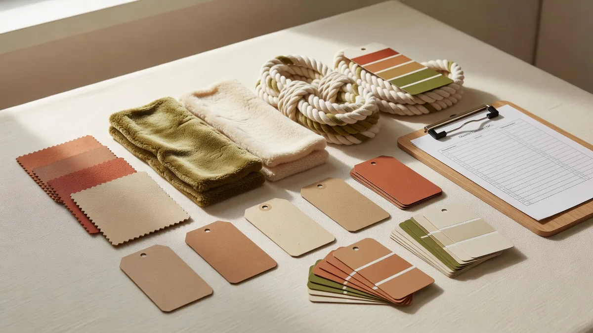 Material-Flatlay für RFQs zu umweltfreundlichen Hundespielzeugen im Großhandel: Naturkautschuk, recycelter Plüsch, Bio-Baumwollseil, Hangtags, Farbkarten