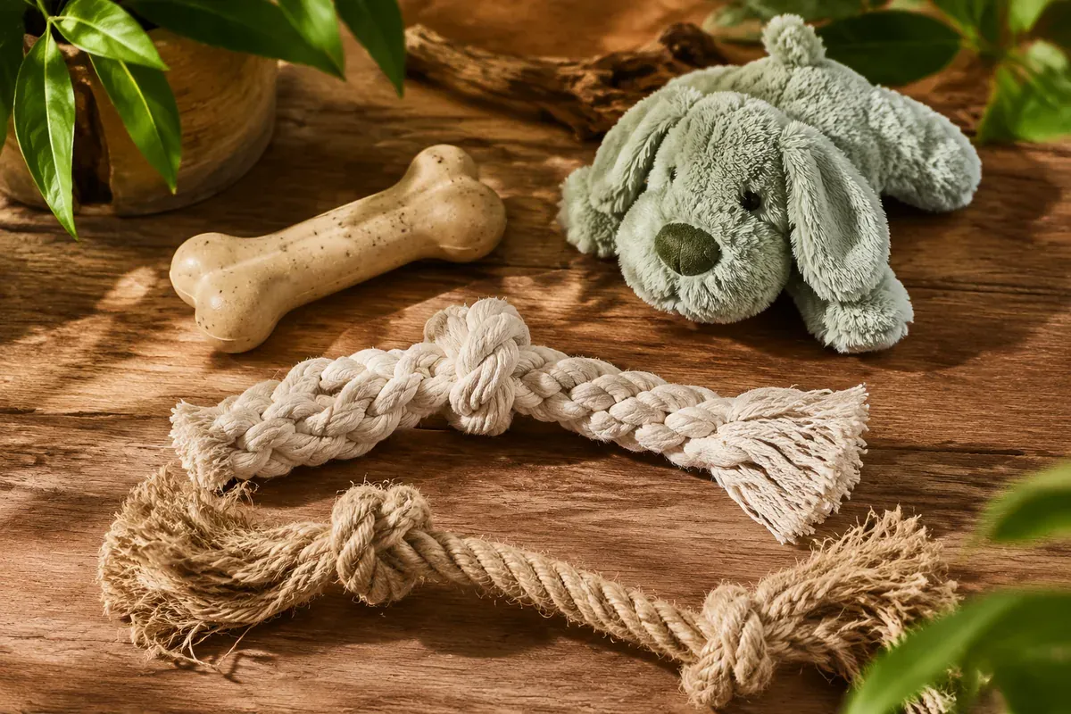 Vier nachhaltige Haustierspielzeug-Materialien: Naturkautschuk-Knochen, Plüsch aus recyceltem Polyester, Seil aus Bio-Baumwolle und Hanf-Zerrspielzeug auf Holzfläche