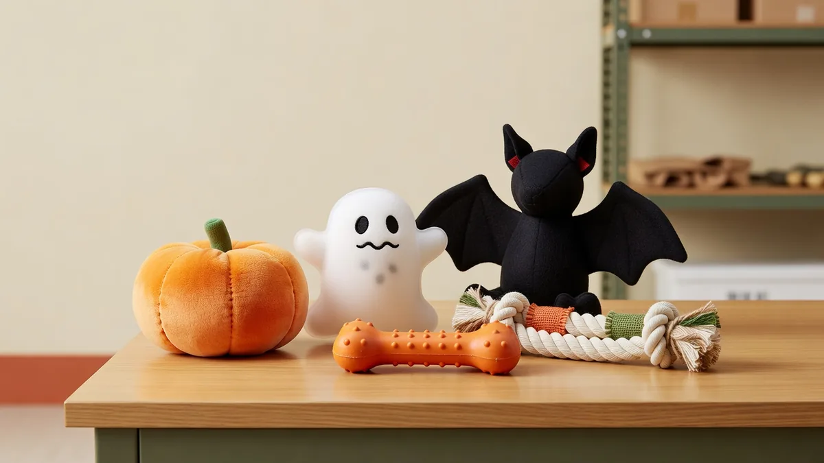 Sortiment an Halloween-Hundespielzeug auf einem B2B-Mustertisch für Großhandelseinkäufer, die saisonale Plüsch- und Gummi-SKUs prüfen