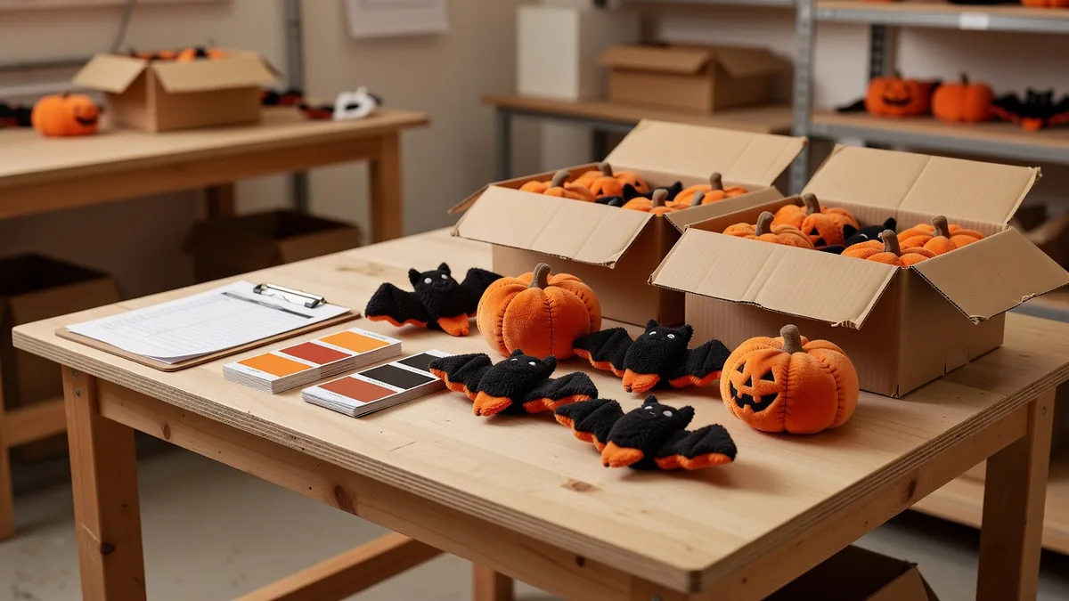 QC- und Pack-out-Arbeitsplatz für Halloween-Hundespielzeug im Großhandel mit Prüfliste, Farbkarten und Masterkartons