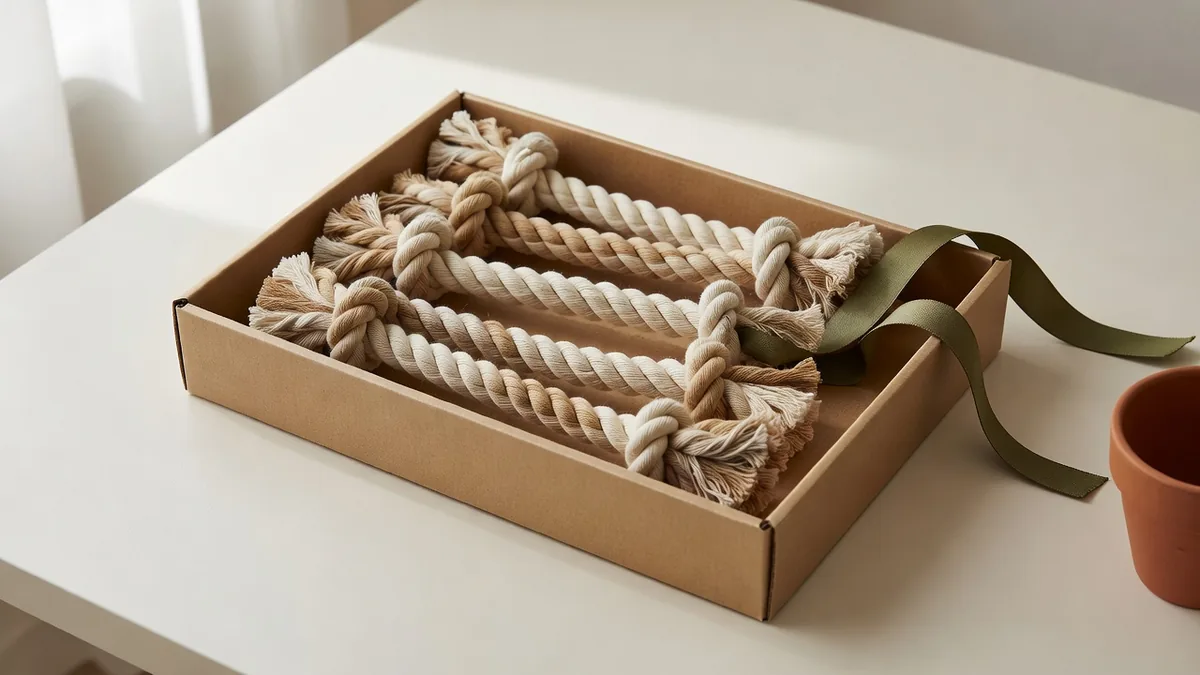 Seilspielzeuge im Großhandel in einer Packschale, Faseretiketten für die Einkäufer-QC sichtbar