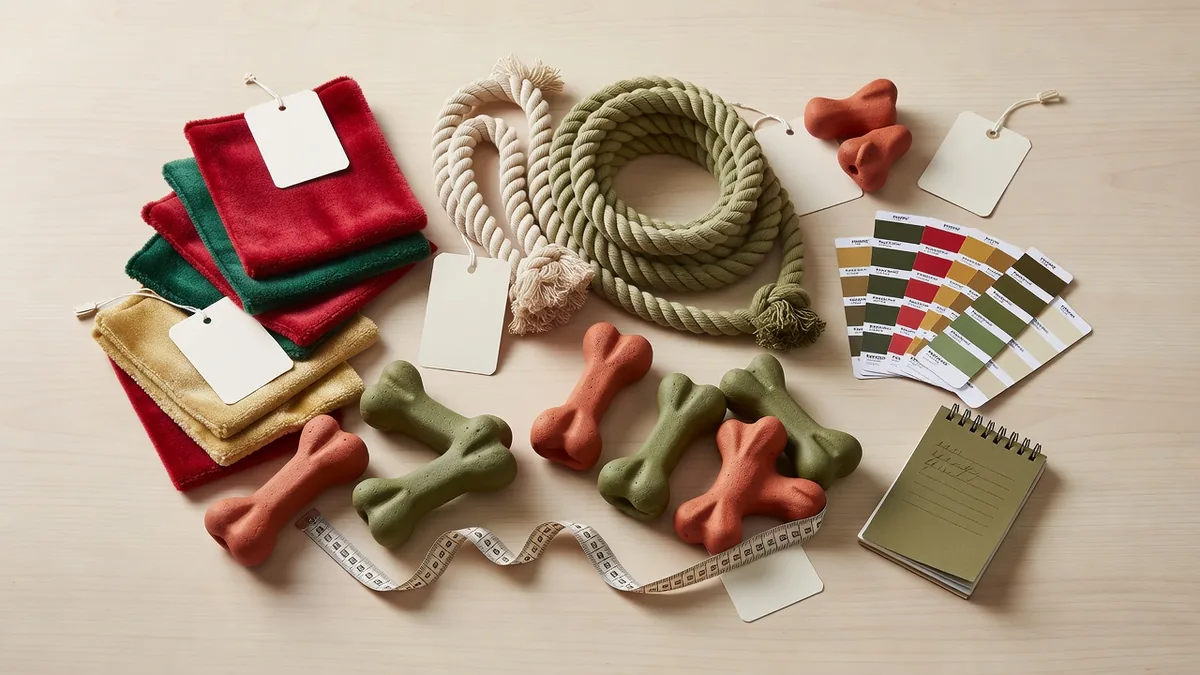 Material- und QC-Flatlay für Holiday Dog Toys Bulk: festlicher Plüschstoff, Seil, TPR-Muster, Hangtags, Farbkarten