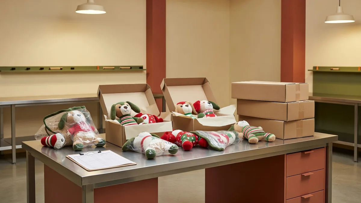 Factory-QC und Pack-out-Bank für Holiday Dog Toys Bulk mit Geschenkkartons, AQL-Checkliste und saisonalem Sortiment