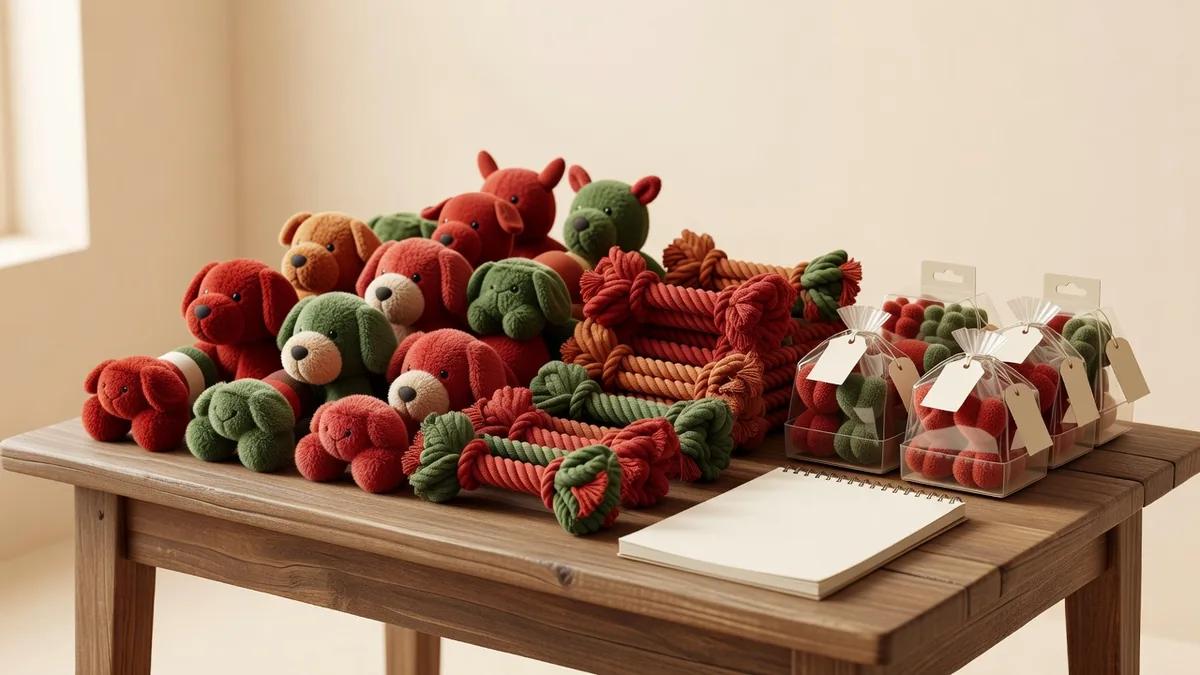 Saisonales Holiday-Dog-Toys-Bulk-Sortiment auf einem Sampling-Tisch mit festlichem Plüsch, Seil und geschenkfertigen SKUs