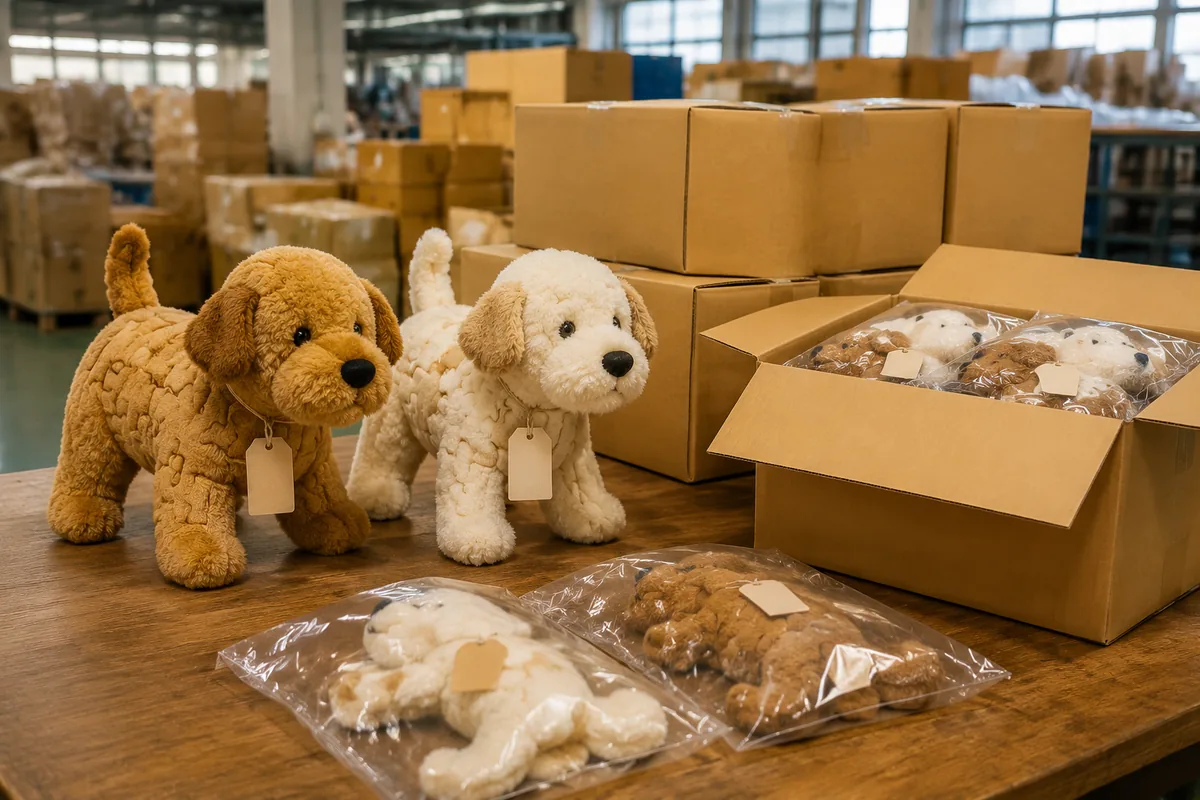 Private-Label-Puzzle-Plüsch-Hundespielzeuge mit Hangtags und Polybags, bereit für die Exportkarton-Packung auf einem Fabriktisch
