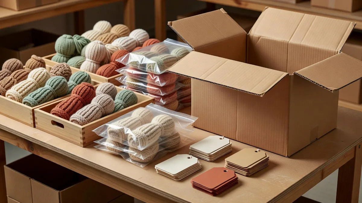 Großhandels-Pack-out gestrickter Hundespielzeuge mit Farbstellungen, Hangtags und Umkartons auf einem Fabriktisch