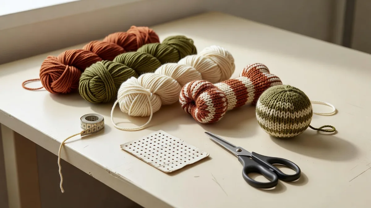 Großhandelssortiment gestrickter Hundespielzeuge aus Garnknochen und Bällen auf einem warmen, cremefarbenen Bemusterungstisch