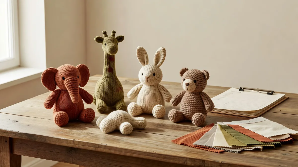 Gestricktes Quietsch-Hundespielzeug-Set in Tierform auf einem warmen, cremefarbenen Bemusterungstisch zur Großhandelsprüfung
