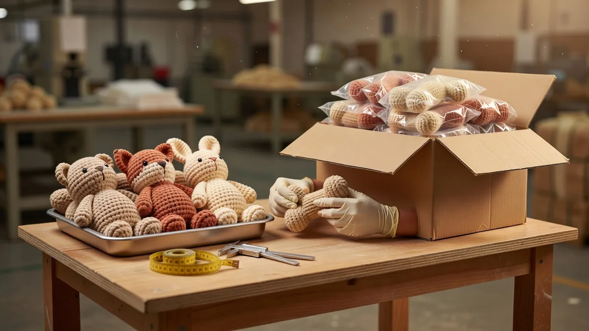 QC-Platz für gestrickte Quietsch-Hundespielzeug-Sets: Nahtprüfung, Quietscher-Stauchtest und Exportkarton-Pack-out