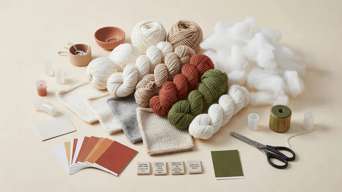 Garnstränge, Strickmuster, Faserfüllung, Kunststoff-Rohrblatt-Quietscher und Farbkarten für die Produktion gestrickter Quietsch-Hundespielzeuge