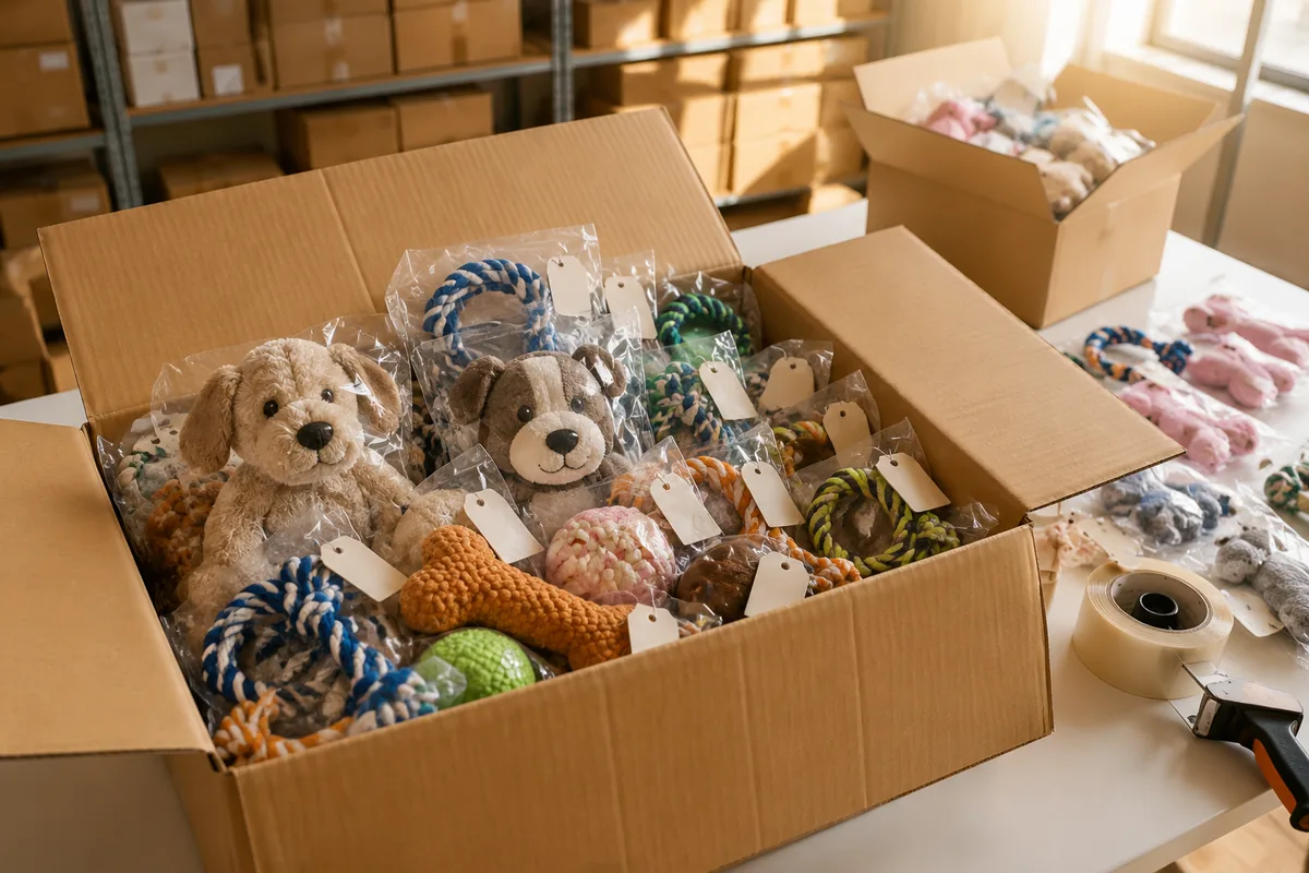 Offener Masterkarton mit gemischten Plüsch-Hundespielzeugen und Seil-Kauspielzeug in Polybags, vorbereitet für die Exportverpackung bei niedrigem MOQ