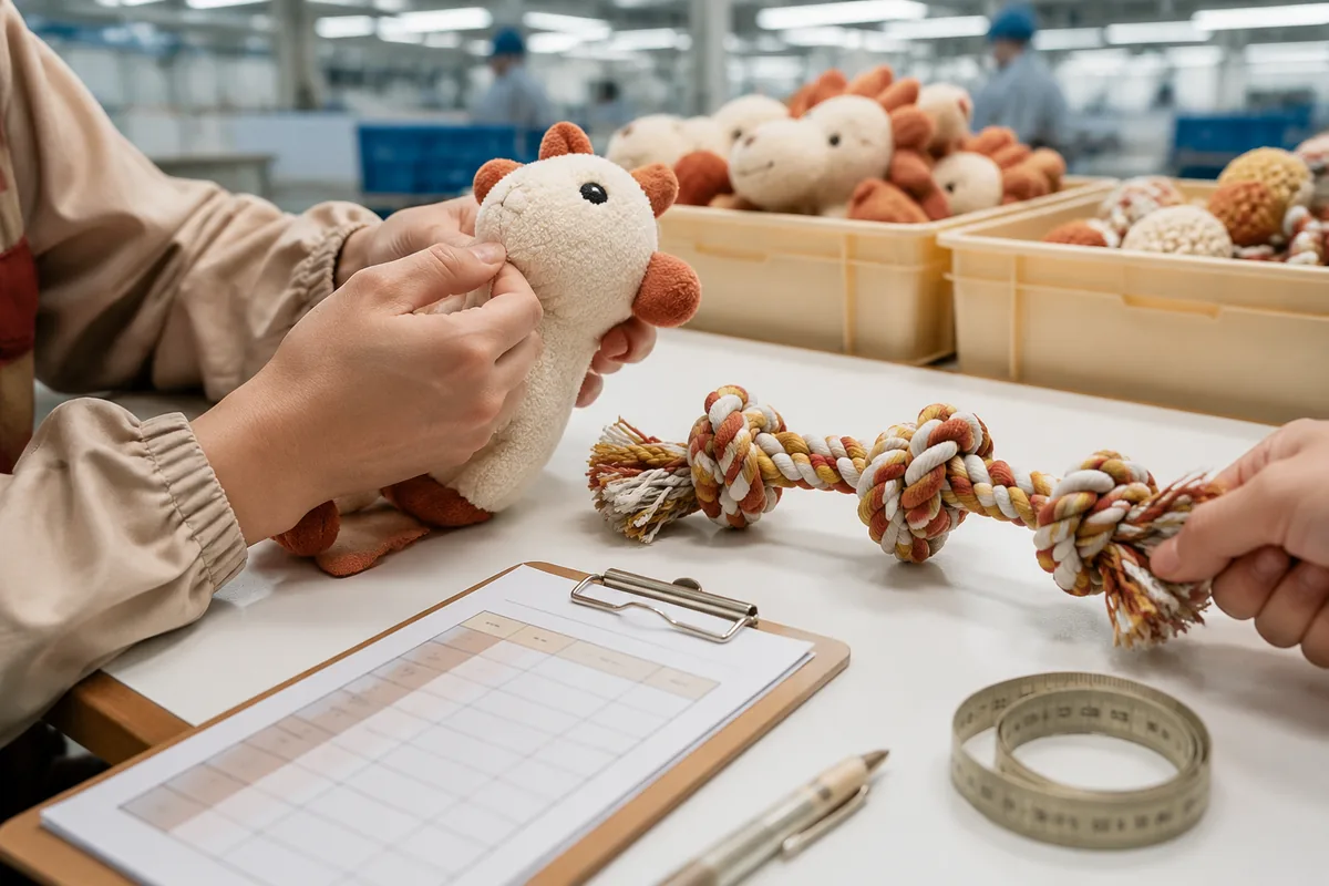 QC-Prüfung der Plüschnaht und Zerrtest am Mehrknoten-Seil auf einem Werkstisch mit Messwerkzeugen