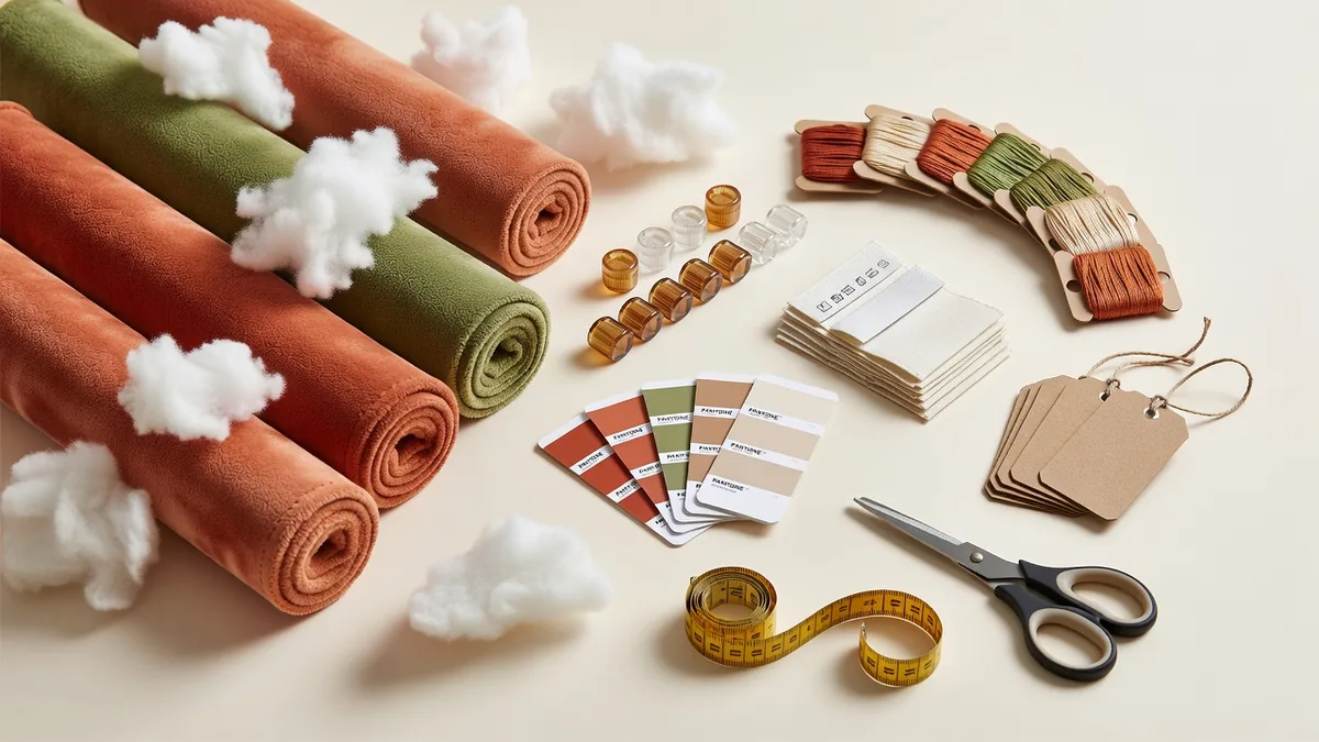 Material-Flatlay für Mini-Plüschhunde im Großhandel: Kurzflorstoff, Faserfüllung, Quietscher, Webetiketten, Hangtags und Farbkarten