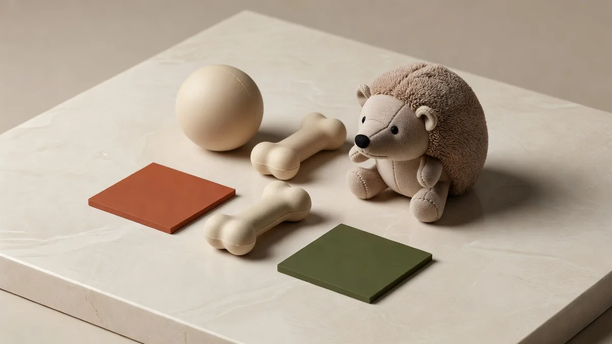 TPR-Bälle und ein Igel aus Baumwolle und nature rubber auf einem Bemusterungstisch für ein OEM-Materialbriefing