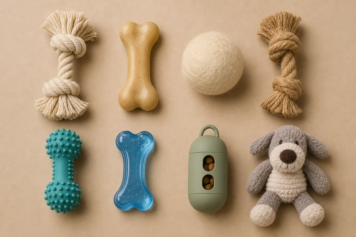Visuelle Entscheidungsmatrix: Naturmaterialien (Baumwollseil, Naturkautschuk, Wollfilz, Jute) gegenüber Synthetikmaterialien (TPR, TPU, Silikon, Polyester-Plüsch) im direkten Vergleich