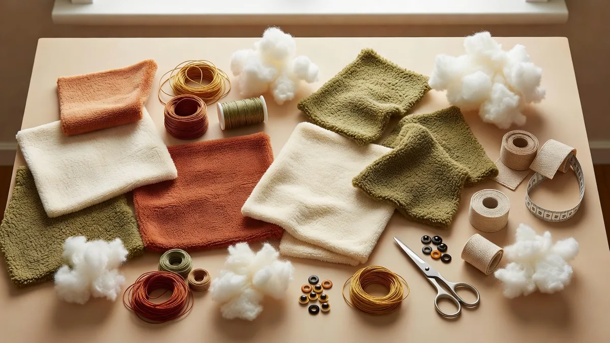 Material-Flatlay eines Lieferanten für Plüsch-Haustierspielzeug mit Kurzflorstoff, Sherpa, Faserfüllung, Stickgarn, Sicherheitsaugen und Webetiketten auf einem warmen Bemusterungstisch