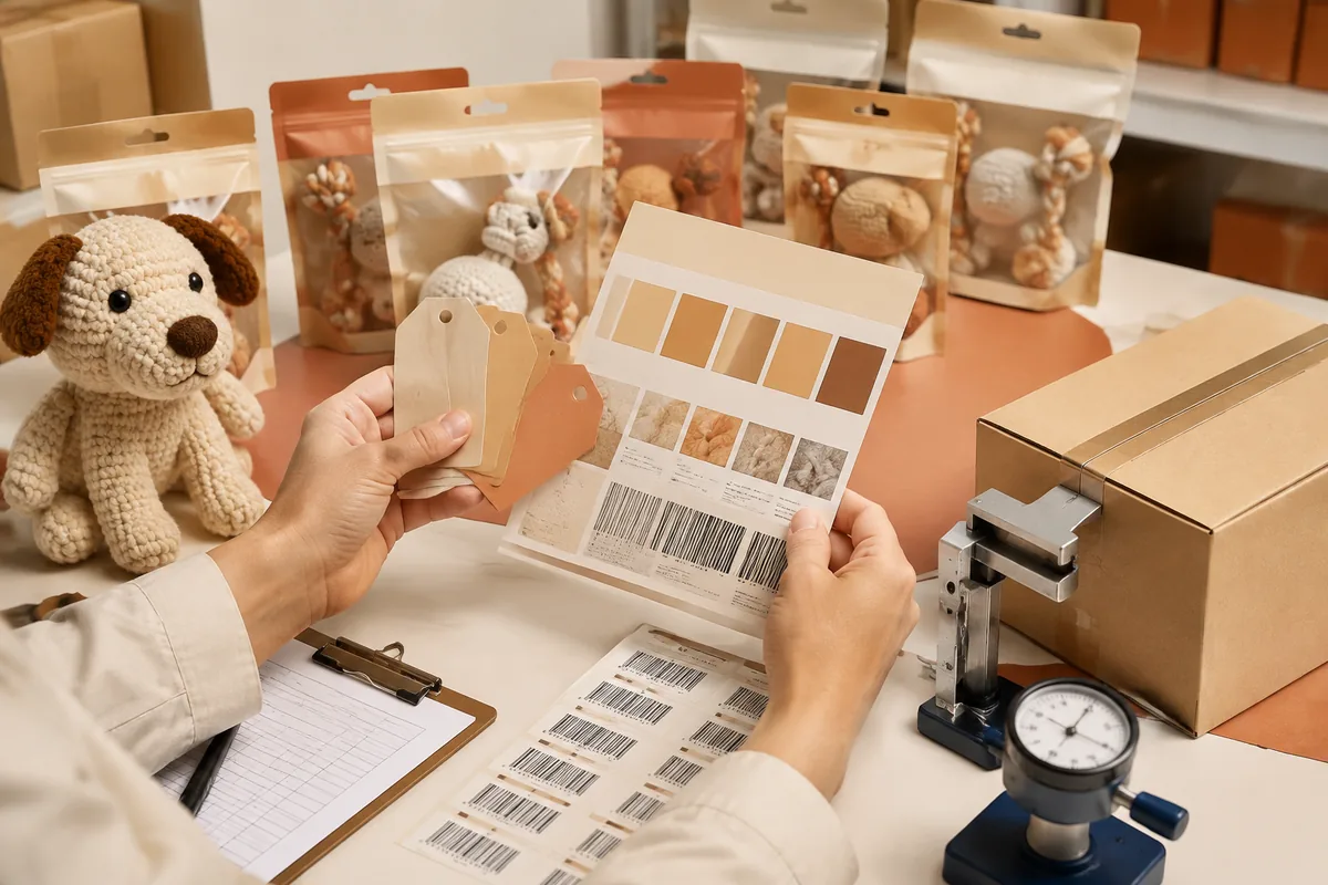 Verpackungs-QC-Platz, der Hangtag-Farbproofs und Barcode-Sticker für Private-Label-Heimtierbedarf vor dem Export vergleicht