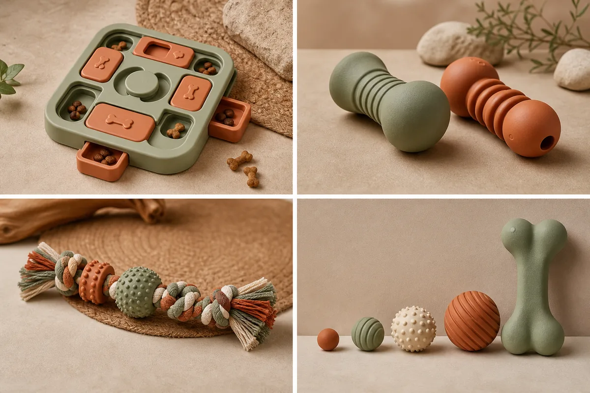 Vier Designtrends für Haustierspielzeug: Enrichment-Puzzles, minimalistische Kauspielzeuge in Erdtönen, Multi-Textur-Zerrspielzeug und größeninklusive Designs von Mini bis Riese