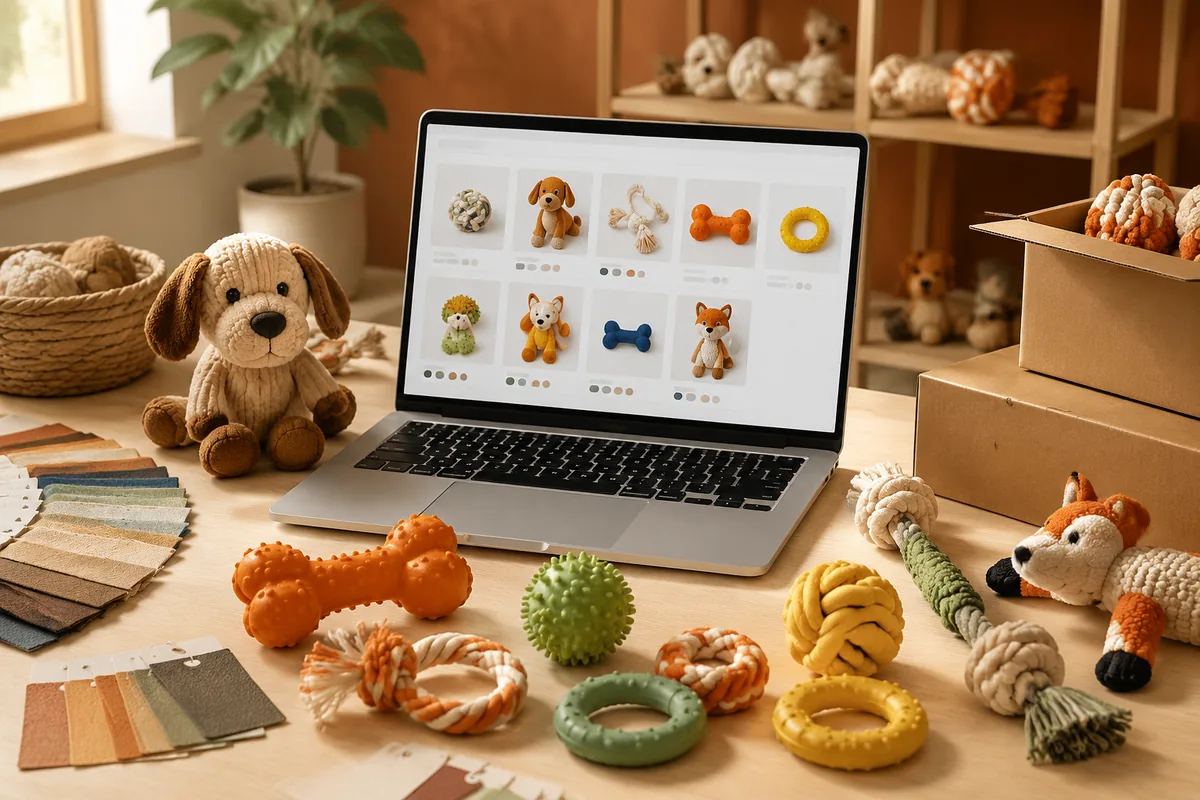 Mustertisch einer E-Commerce-Marke für Haustierspielzeug mit Katalog-SKUs, Listing-Foto-Setup und FBA-Kartonmustern