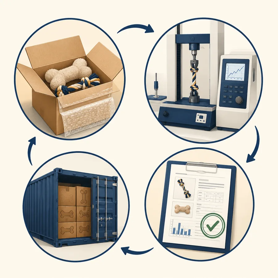 Vierstufiger Prüfablauf: Mustervorbereitung → Laboranalyse → Prüfbericht → freigegebene Verschiffung