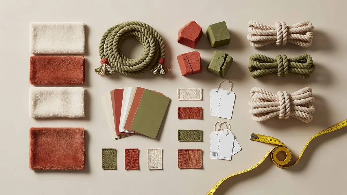 Material-Flatlay für RFQs von Großhändlern für Haustierspielzeug: Plüschstoff, Seil, TPR-Muster, Hangtags, Farbkarten