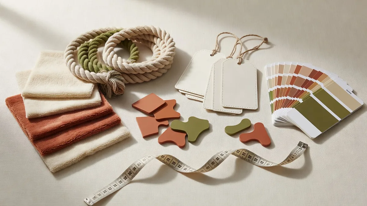 Material-Flatlay für den Haustierspielzeug-Lieferanten: Plüschstoff-Muster, Seilproben, TPR-Teile, Hangtags und Farbkarten