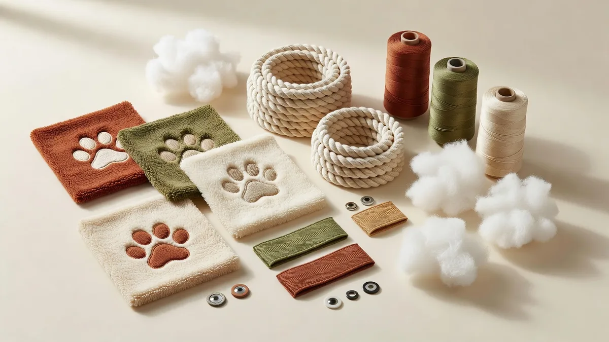 Plüschstoff-Muster, Baumwollseilrollen, Faserfüllung, Webetiketten und Stickmuster für die Produktion von Pfotenpantoffel-Hundespielzeug
