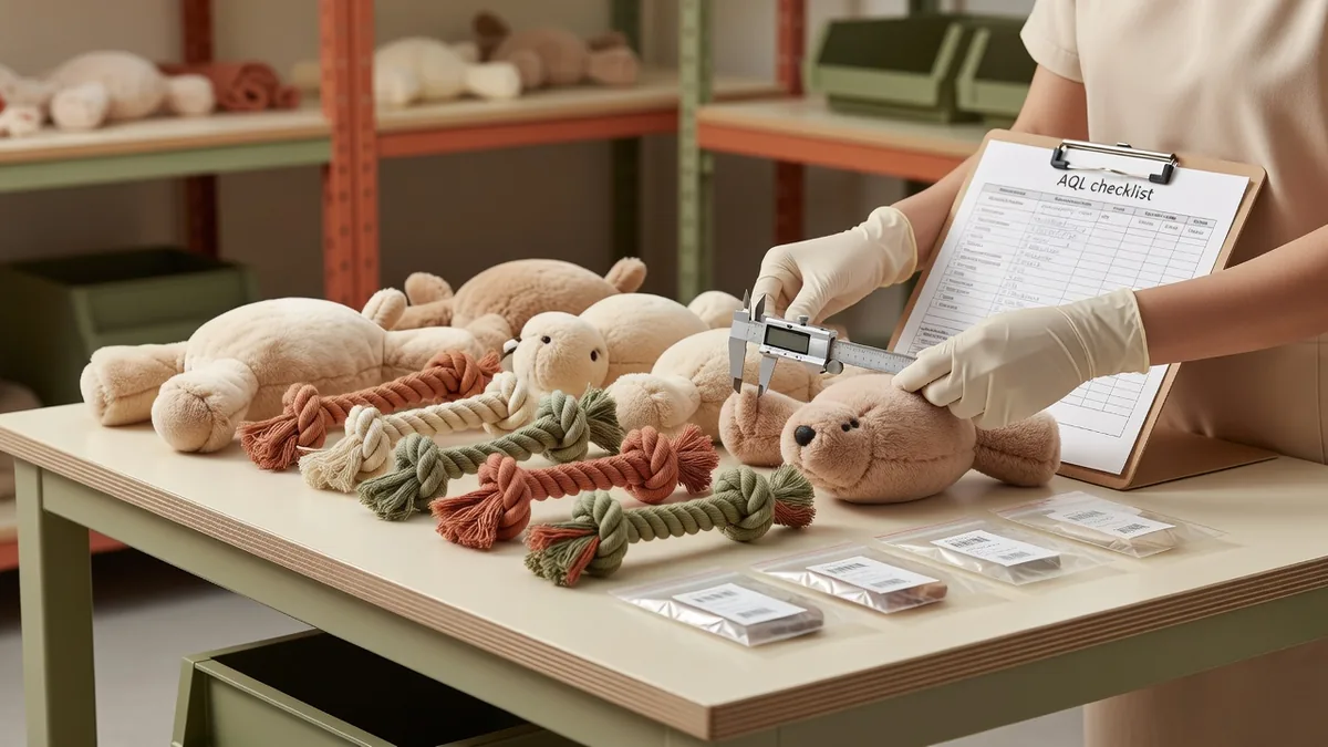 QC-Tisch prüft Plüsch- und Seil-Hundespielzeug für eine Private-Label-Produktion mit niedriger MOQ