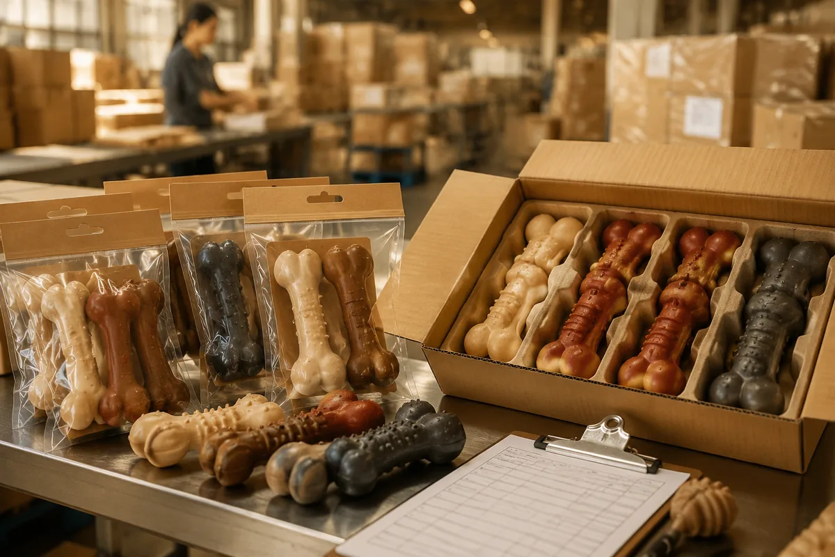 Gummi-Kauspielzeuge für Hunde in Exportkartons mit Polybeuteln, Hangtags und QC-Checkliste beim Pack-out