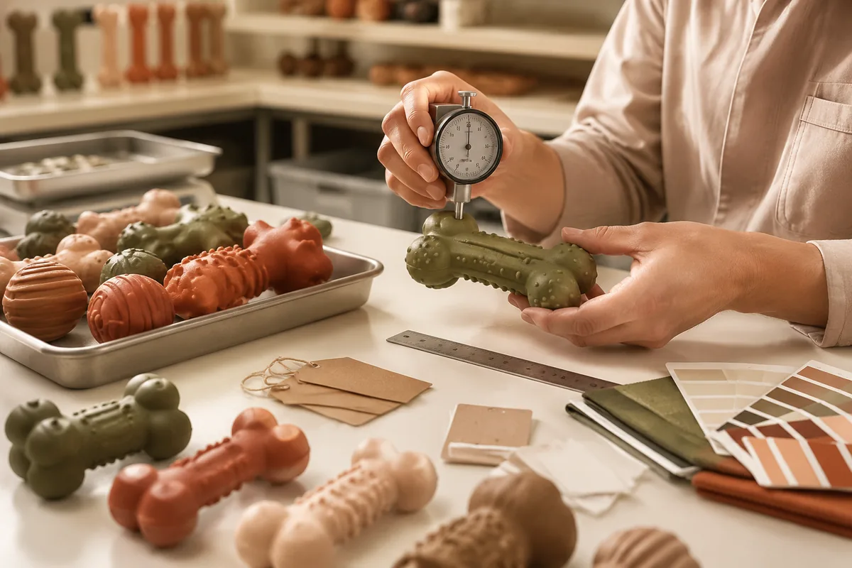 Bemusterungsplatz eines Herstellers von Gummi-Hundespielzeug mit Härtemessgerät, Farbchips und unterzeichneten Vorserienmustern