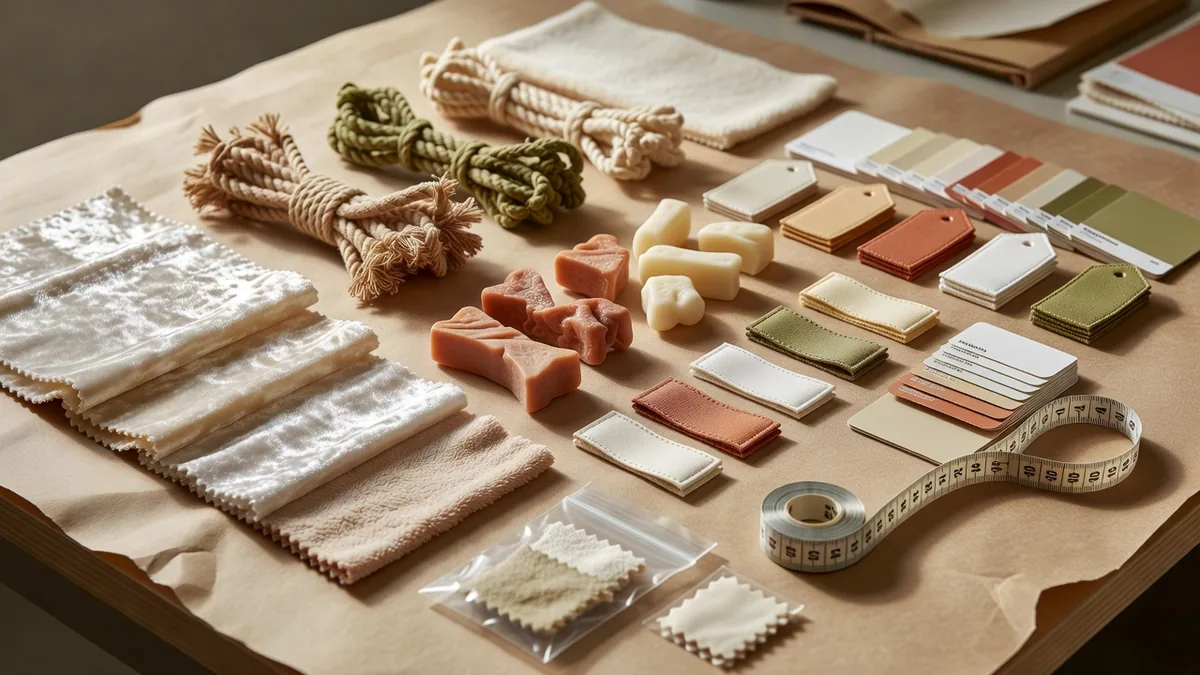 Material- und QC-Flatlay für Haustierbedarf im Großhandel mit niedrigem MOQ: Plüschmuster, Seil, TPR-Muster, Hangtags, Farbchips