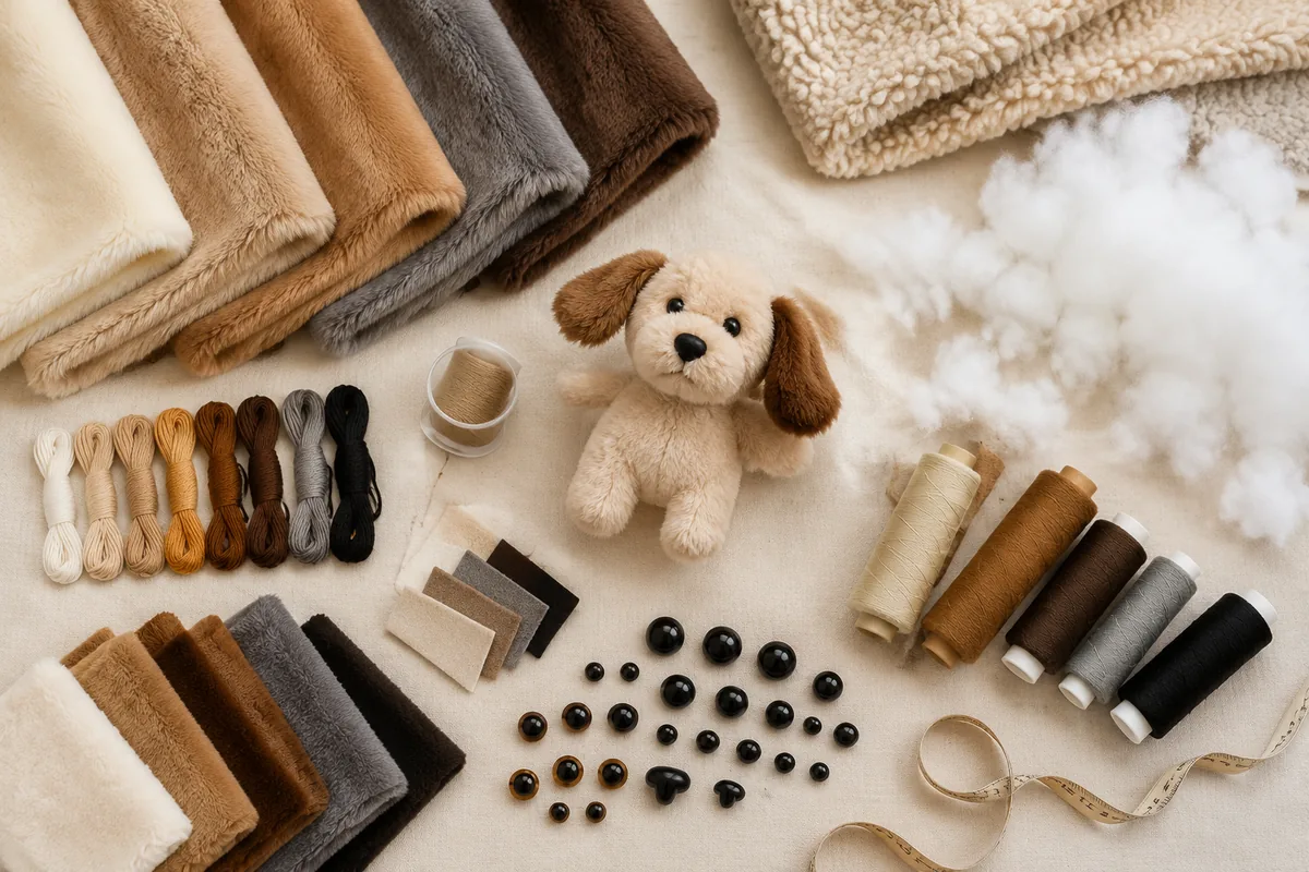 Material-Flatlay einer Großhandelsfabrik für Plüsch-Hundespielzeug mit Kurzflorstoff, Sherpa, Faserfüllung, Stickgarn, Sicherheitsaugen und Webetiketten für Einkäufer-RFQs