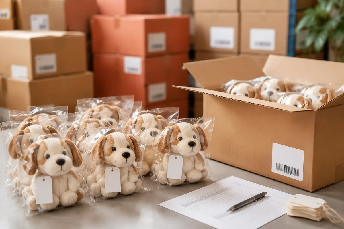 Großhandels-Plüsch-Hundespielzeug in Polybags mit Hangtags neben offenem Umkarton für die Exportverpackung in einer China-Fabrik