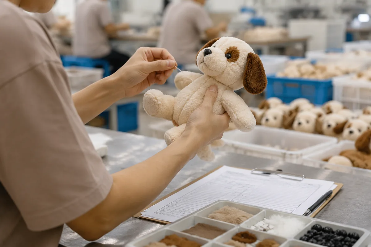 Qualitätsprüfer kontrolliert die Nahtfestigkeit an einem Plüsch-Hundespielzeug in der Nähwerkstatt einer China-Großhandelsfabrik mit AQL-Tray